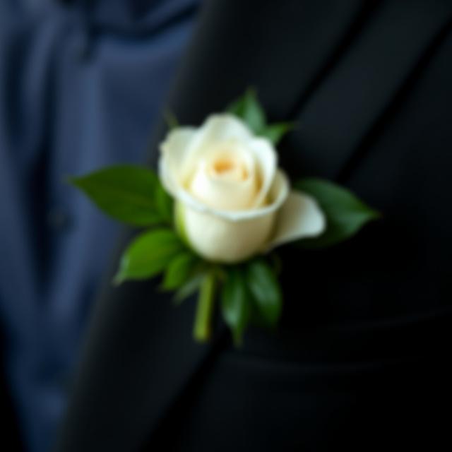 En elegant corsage av en liten vit ros och grönskande blad fäst på en mörk kavajs kavlap.